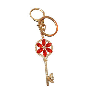 Skeleton Key Red Flower Keychain Purse Charm Bling Rhinestone